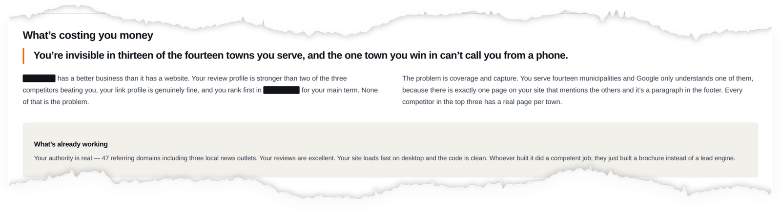 The summary page of a Revenue Audit: one sentence naming the main problem, a short explanation, and a panel headed &ldquo;what&rsquo;s already working&rdquo;. The client name is blacked out.