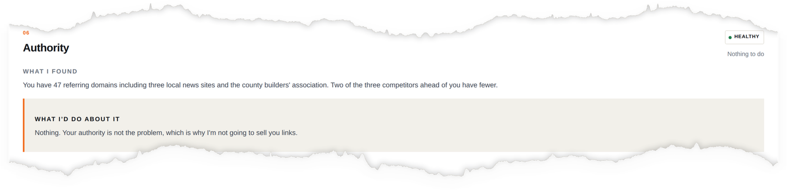 An audit finding about authority and links, marked Healthy, recommending no action.