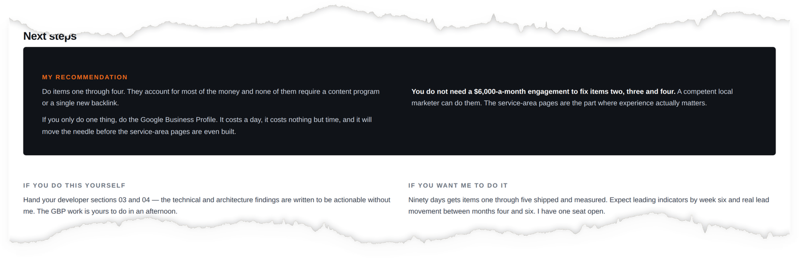 The closing section: a recommendation panel, then two columns headed if you do this yourself and if you want me to do it.